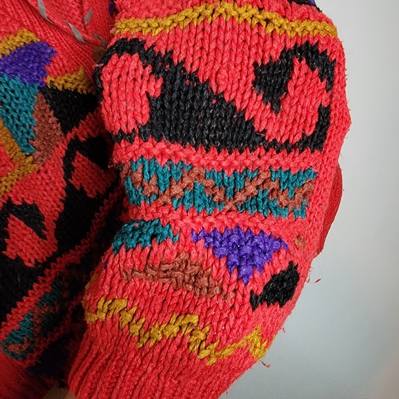 80s Carolina Colours Cardigan Sm Embroidered Knit Red Chunky Oversized Sweater - Picture 5 of 11